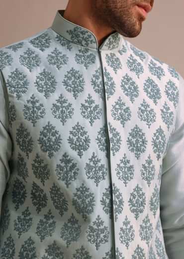 Aqua Blue Kurta Jacket Set With Dori Work And Stone Embroidery