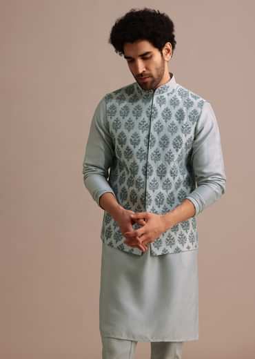 Aqua Blue Kurta Jacket Set With Dori Work And Stone Embroidery
