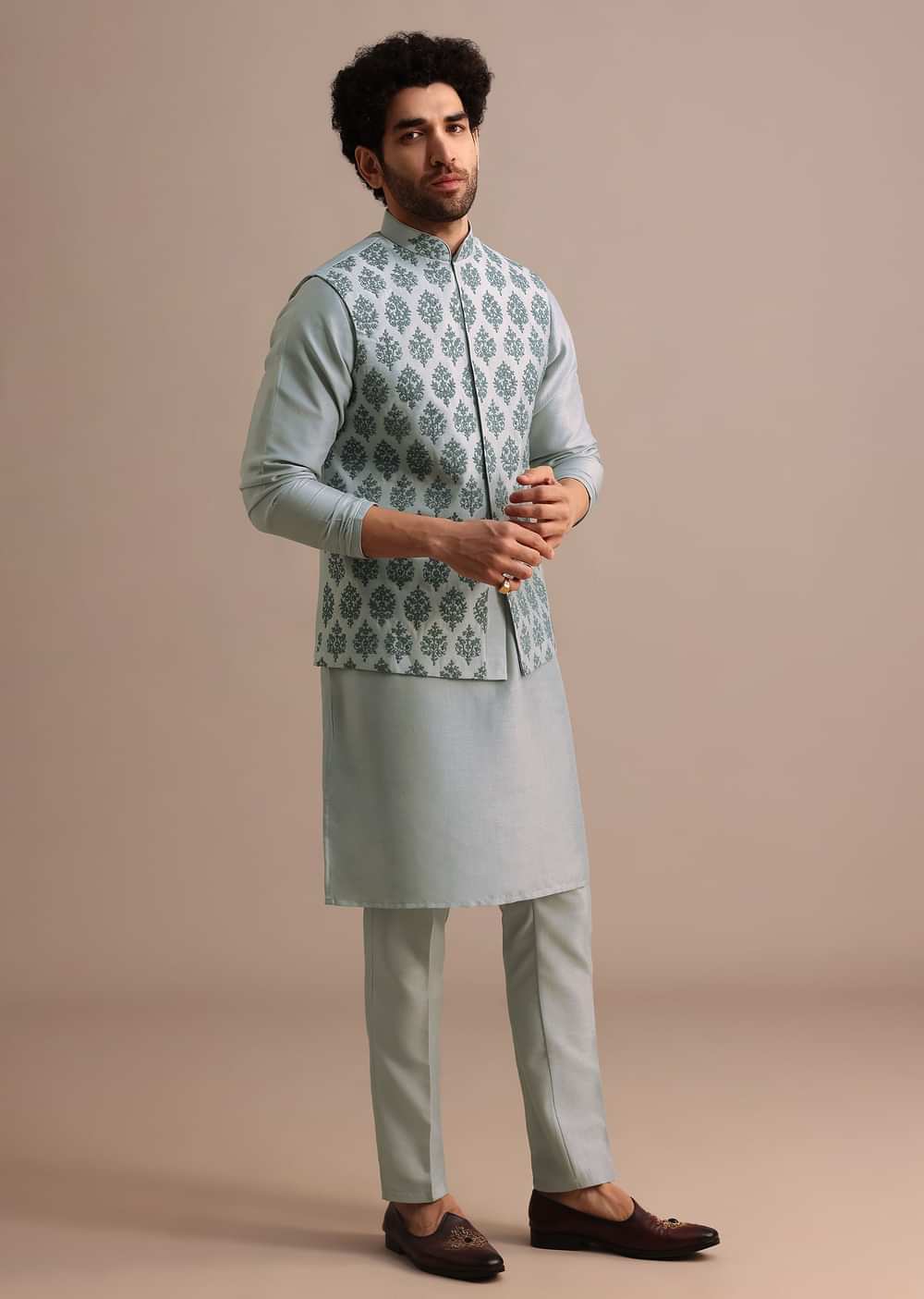 Aqua Blue Kurta Jacket Set With Dori Work And Stone Embroidery