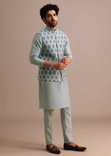 Aqua Blue Kurta Jacket Set With Dori Work And Stone Embroidery