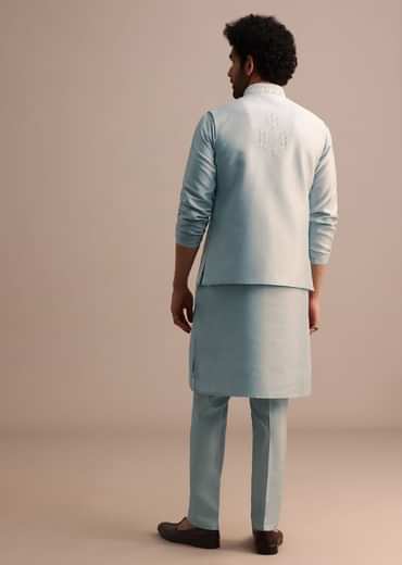 Aqua Blue Kurta Jacket Set With Thread Work For Men
