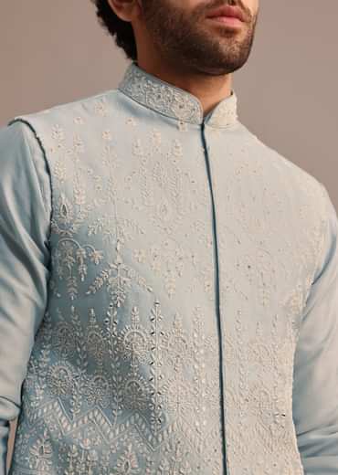Aqua Blue Kurta Jacket Set With Thread Work For Men
