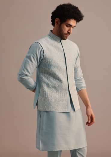 Aqua Blue Kurta Jacket Set With Thread Work For Men
