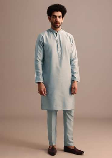 Aqua Blue Kurta Jacket Set With Thread Work For Men