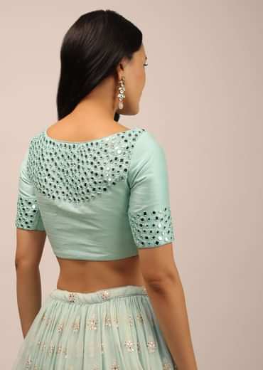 Aqua Blue Padded Blouse With Mirror Work And Half Sleeves