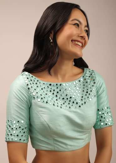 Aqua Blue Padded Blouse With Mirror Work And Half Sleeves