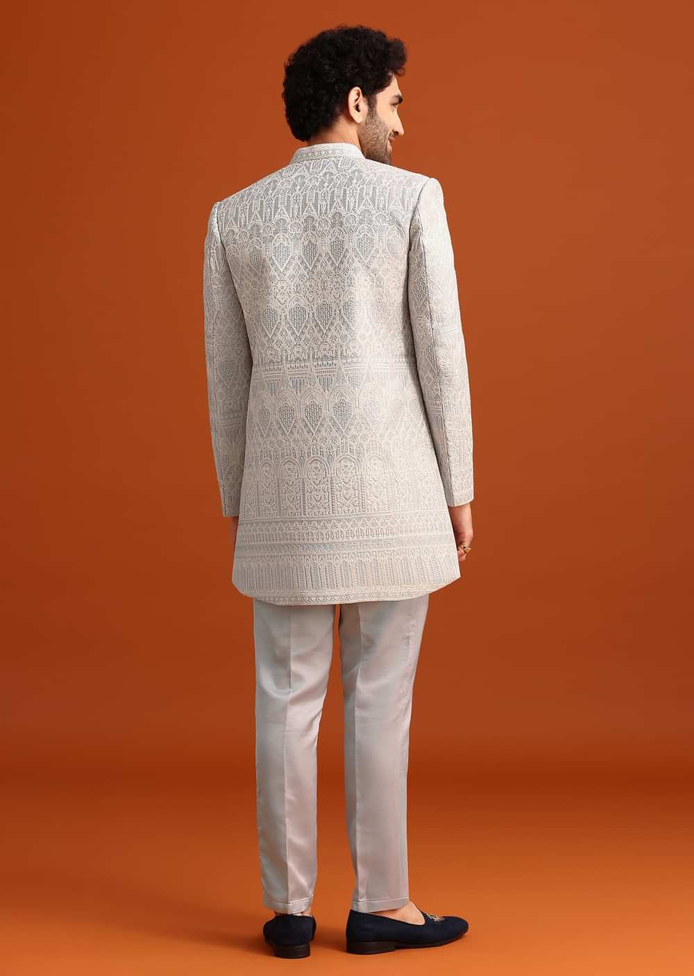 Aqua Blue Satin Silk Embroidered Sherwani Set