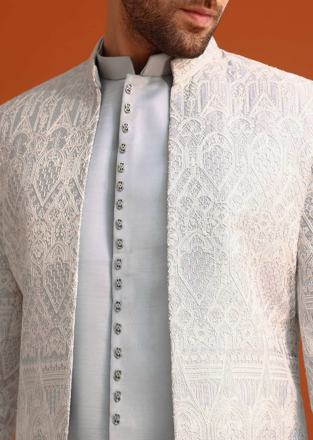 Aqua Blue Satin Silk Embroidered Sherwani Set