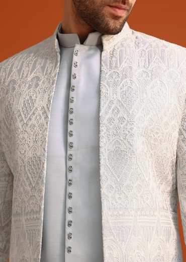 Aqua Blue Satin Silk Embroidered Sherwani Set