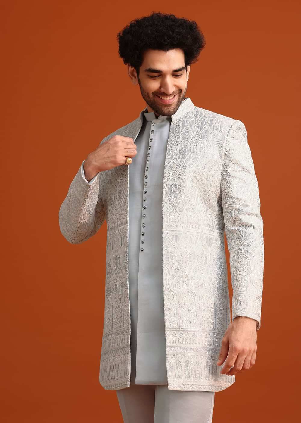 Aqua Blue Satin Silk Embroidered Sherwani Set