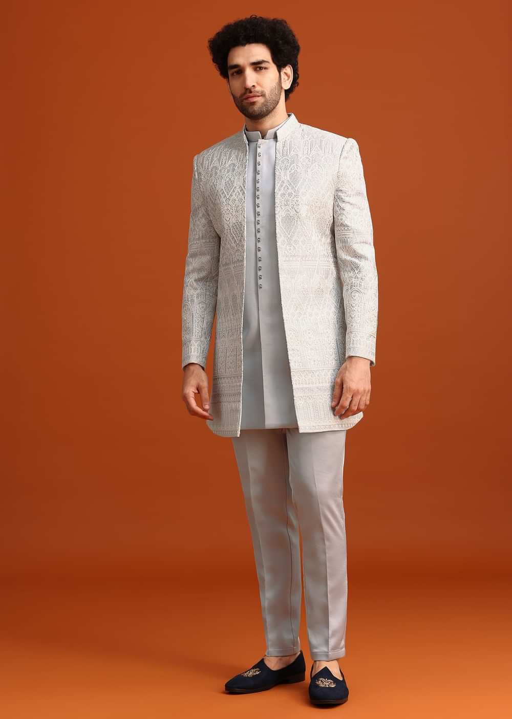 Aqua Blue Satin Silk Embroidered Sherwani Set