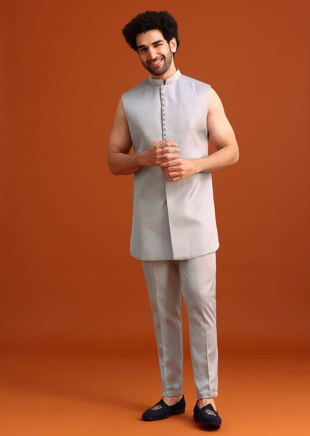 Aqua Blue Satin Silk Embroidered Sherwani Set