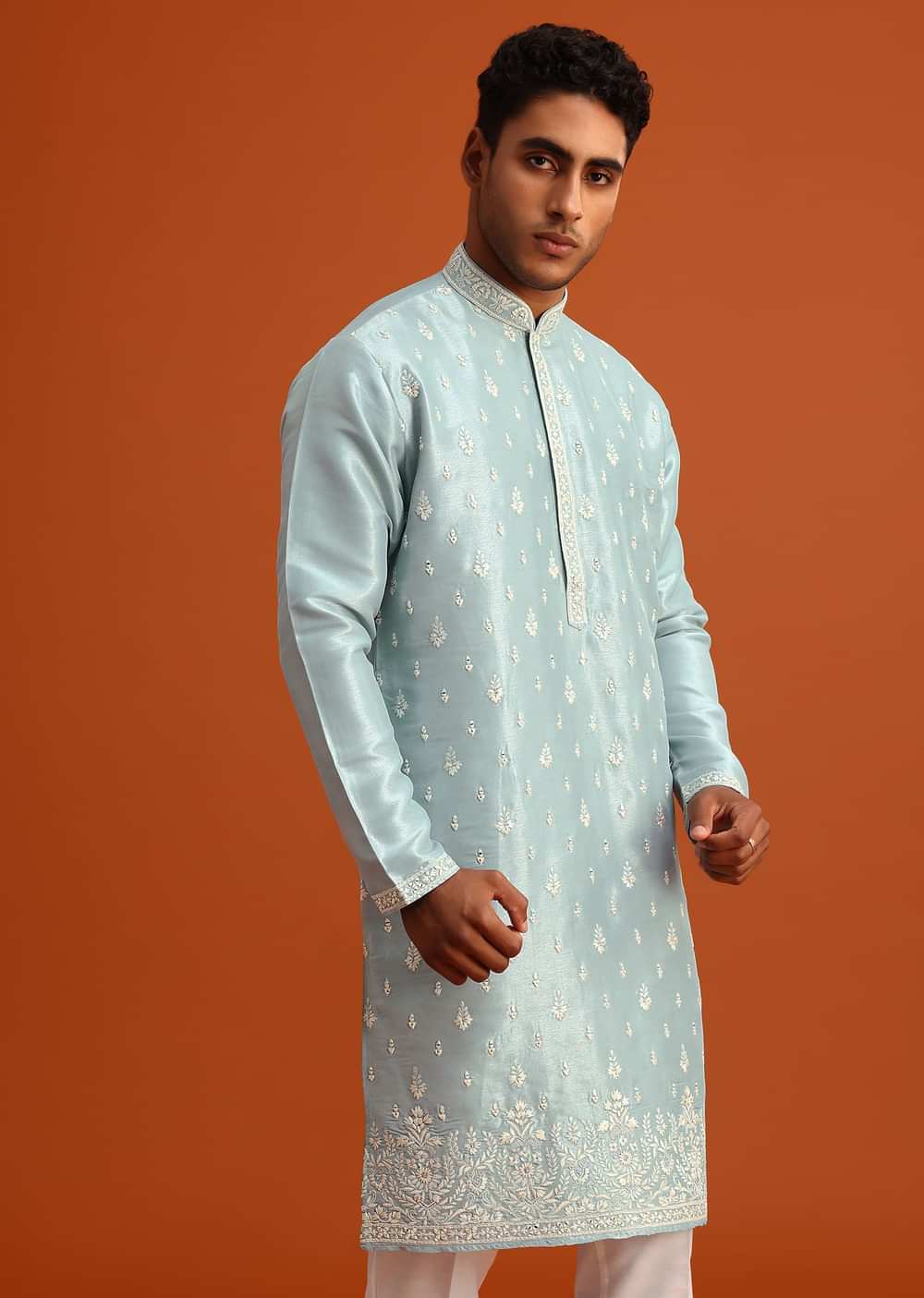 Aqua Blue Silk Kurta Set With Booti Work