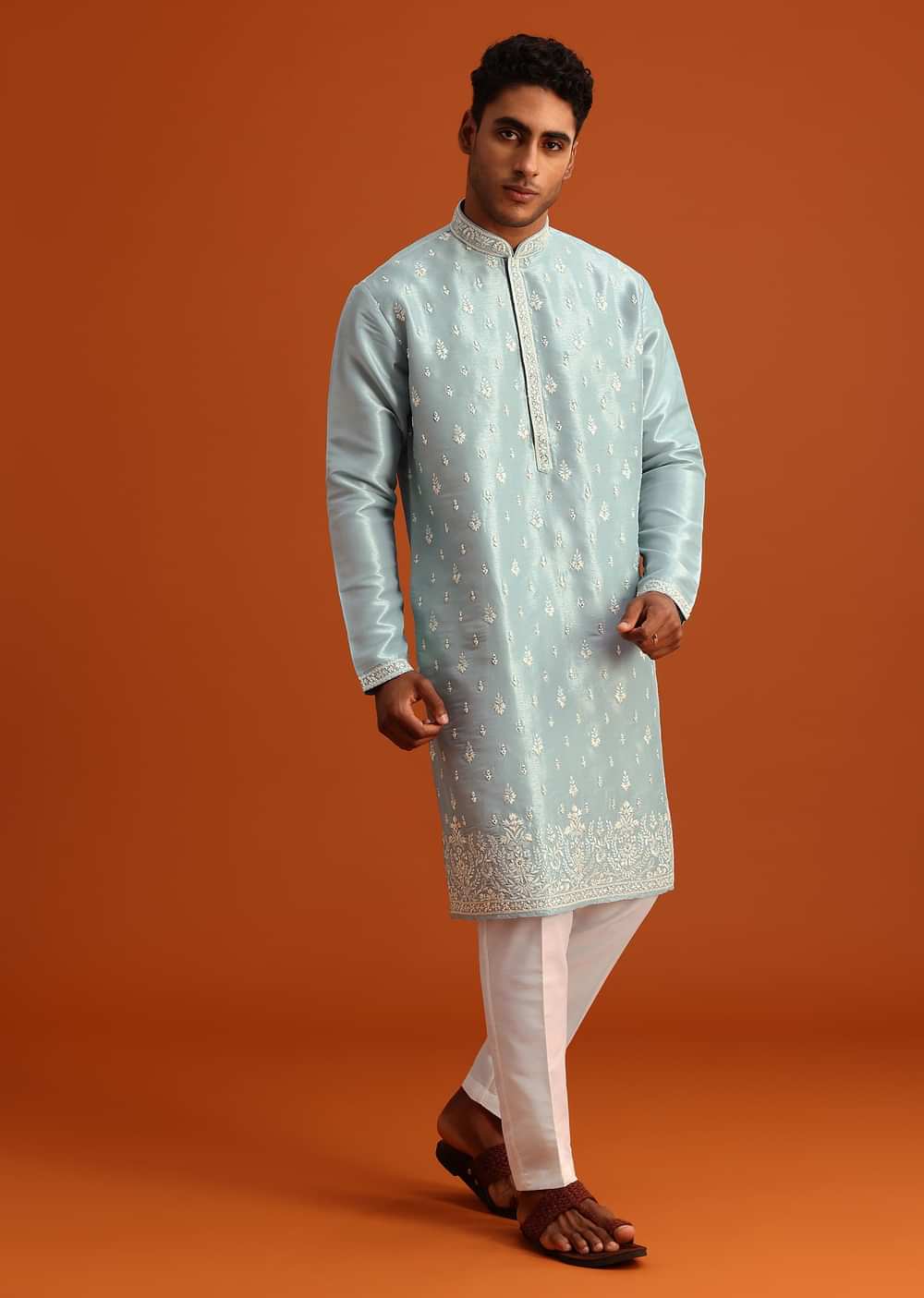 Aqua Blue Silk Kurta Set With Booti Work