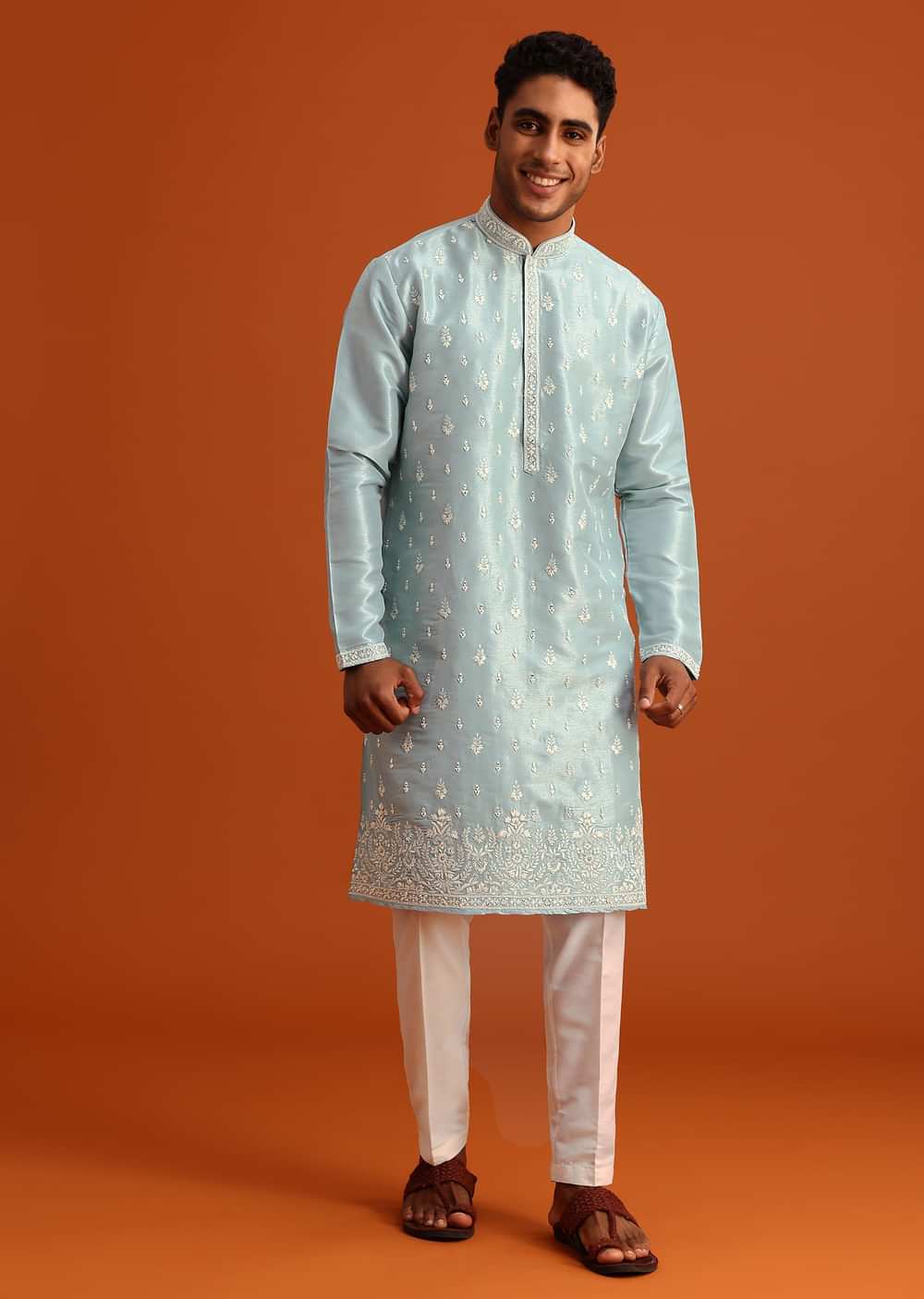 Aqua Blue Silk Kurta Set With Booti Work