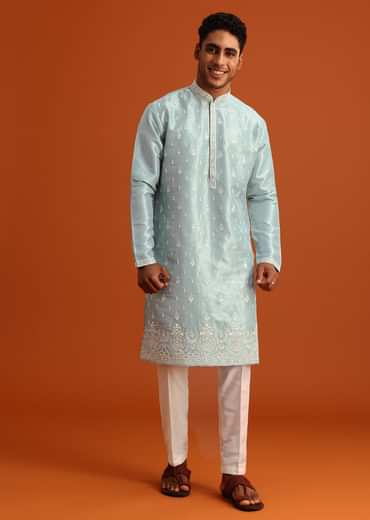 Aqua Blue Silk Kurta Set With Booti Work