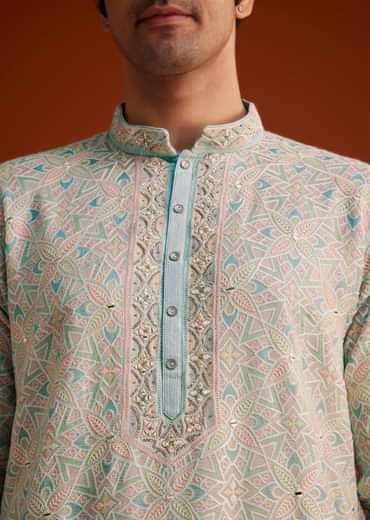 Aqua Blue Silk Kurta Set With Hand Embroidery