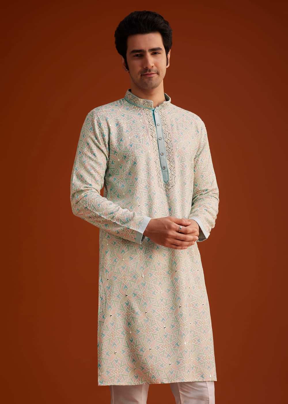Aqua Blue Silk Kurta Set With Hand Embroidery