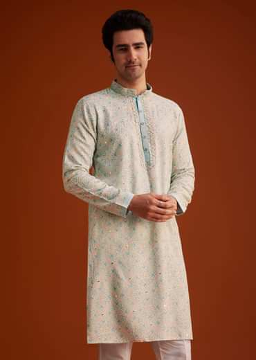Aqua Blue Silk Kurta Set With Hand Embroidery
