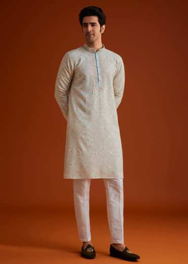 Aqua Blue Silk Kurta Set With Hand Embroidery