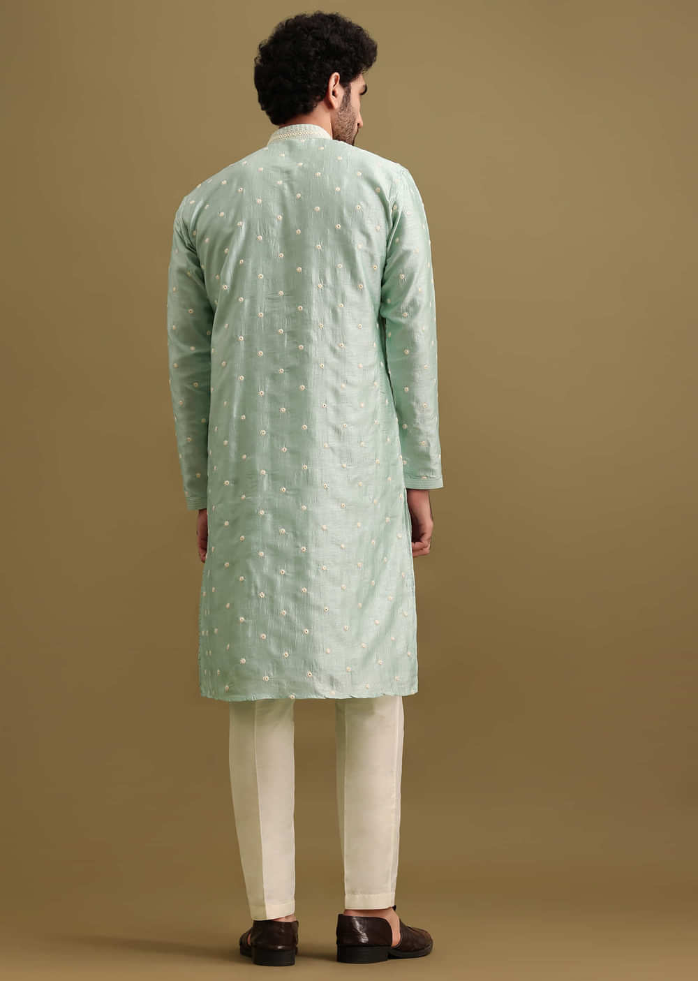 Aqua Blue Silk Kurta Set With Resham Work For Men