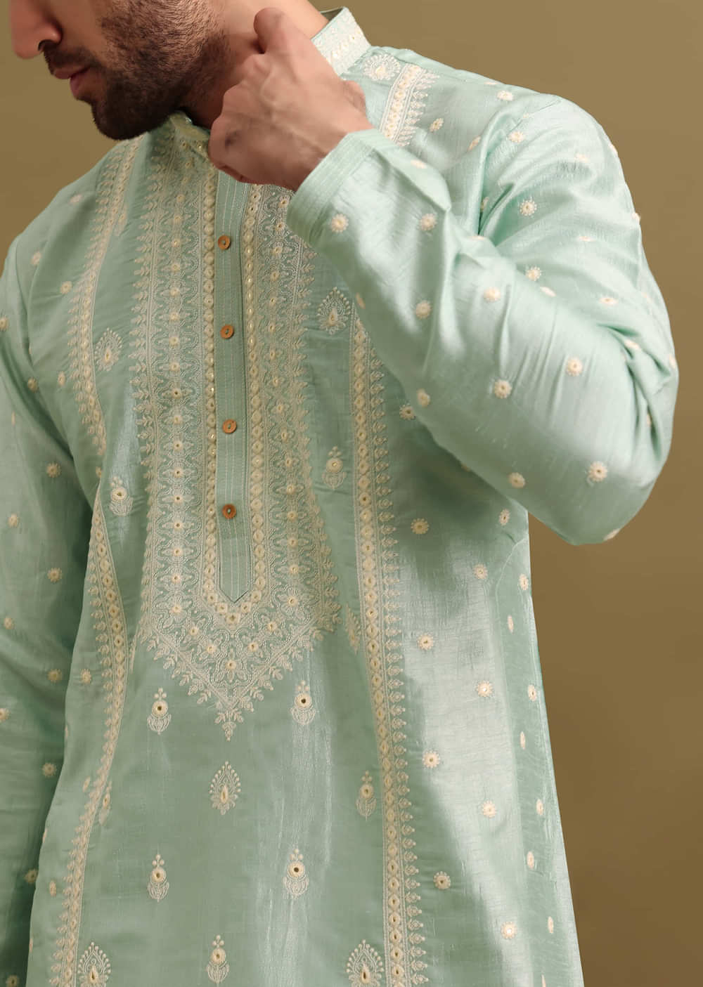Aqua Blue Silk Kurta Set With Resham Work For Men