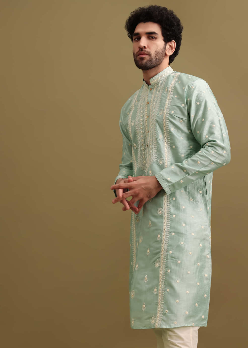 Aqua Blue Silk Kurta Set With Resham Work For Men