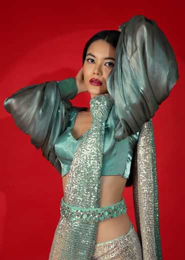 Aqua Green And Grey Organza Blouse With Elaborate Balloon Sleeves.