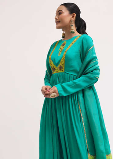 Aqua Green Chiffon Anarkali With Tissue Dupatta
