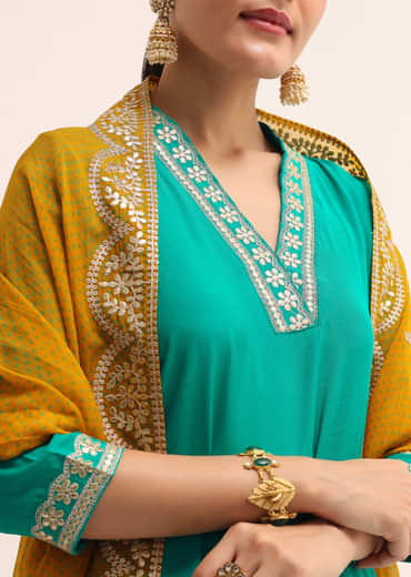 Aqua Green Cotton Silk Kurta Set With Dupatta