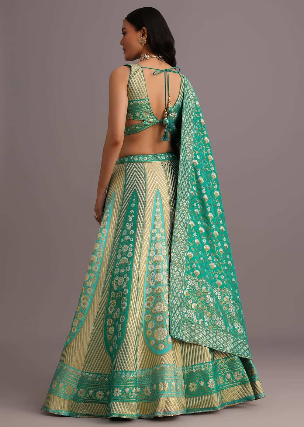Aqua Green Embroidered Choli With Banarasi Weave Lehenga And Dupatta