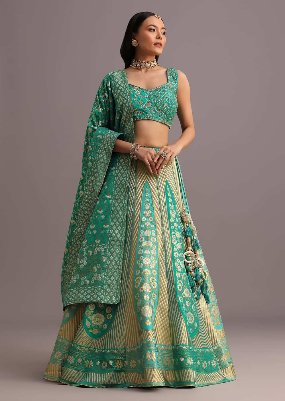 Aqua Green Embroidered Choli With Banarasi Weave Lehenga And Dupatta