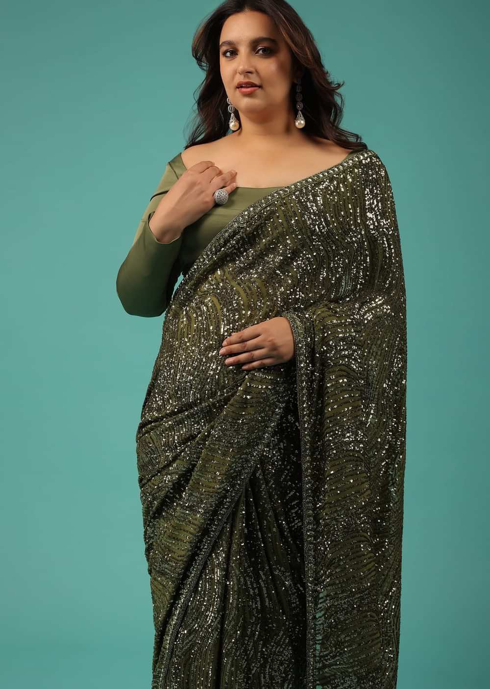 Capulet Olive Green Saree In Sequins With Embroidery