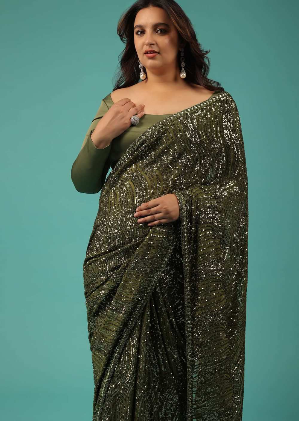 Army Green Saree In Sequins And Organza With Detailed Embroidery