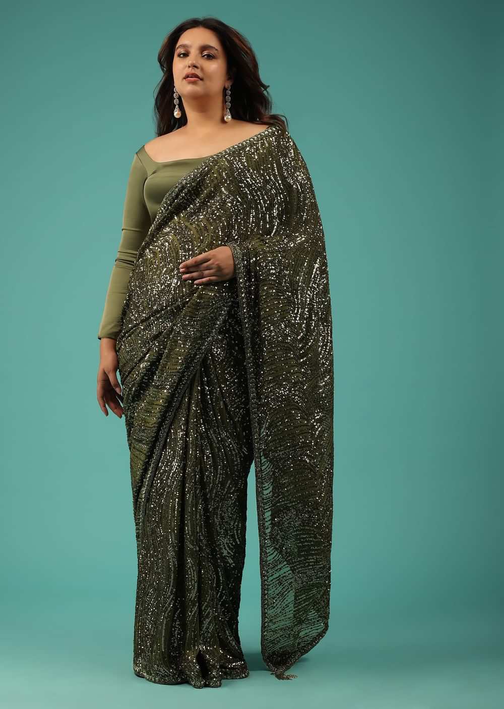 Capulet Olive Green Saree In Sequins With Embroidery