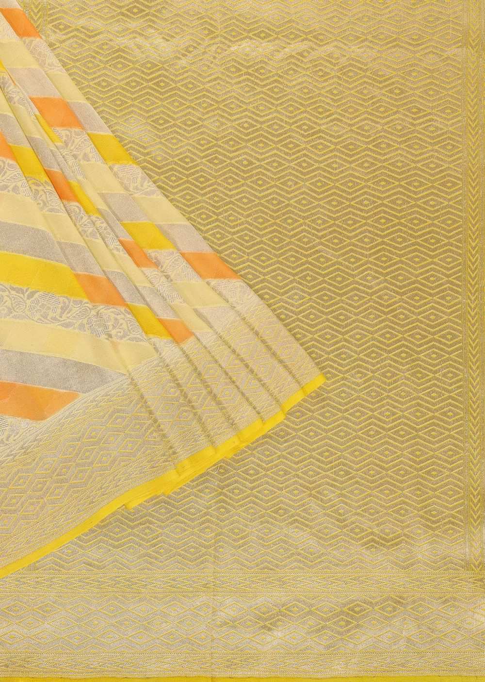 Canary Yellow Saree In Georgette With Striped Banarasi Zari Weave And An Unstitched Blouse