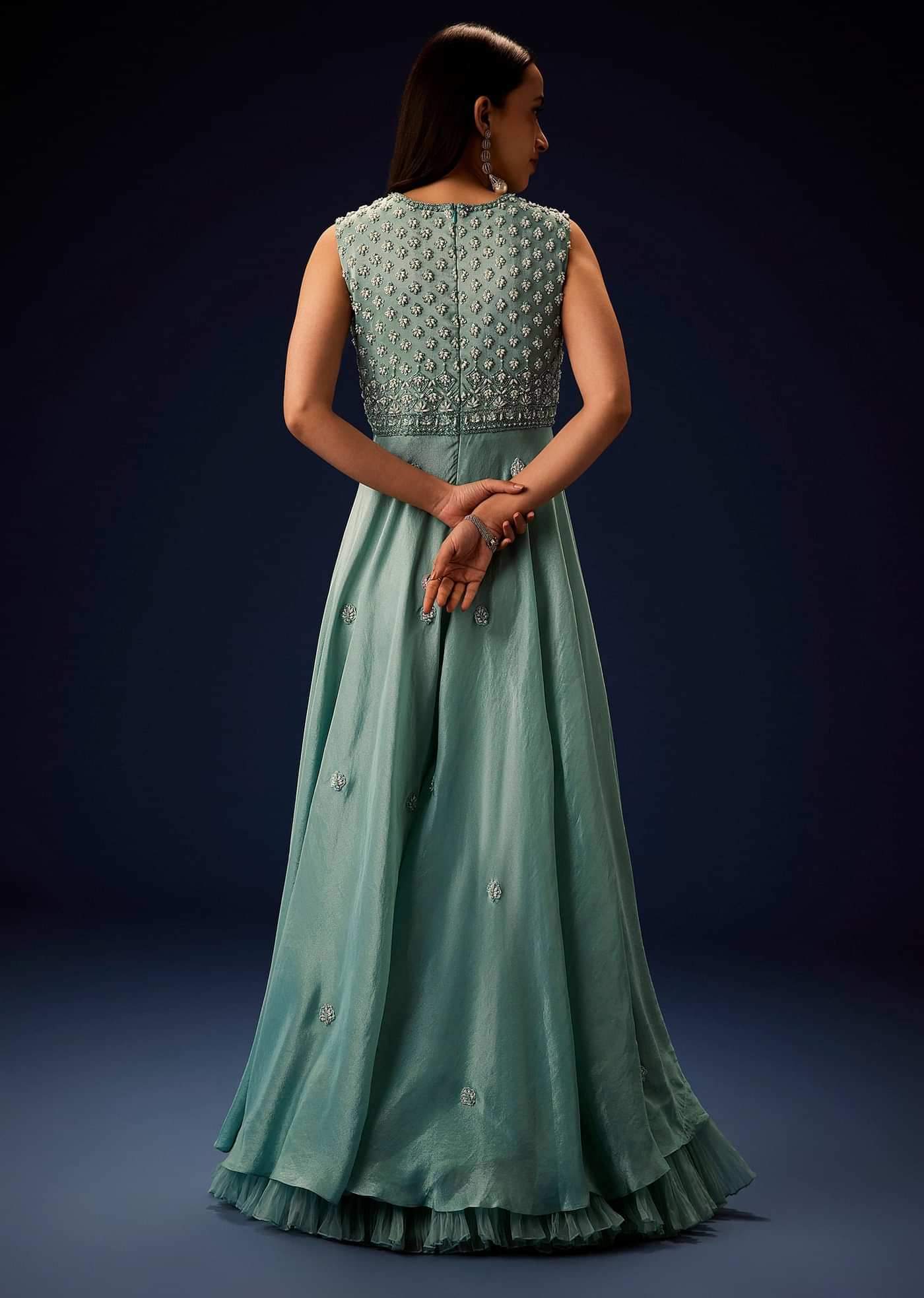 Azure Blue Hand Embroided Double Layer Organza Frill Jumpsuit