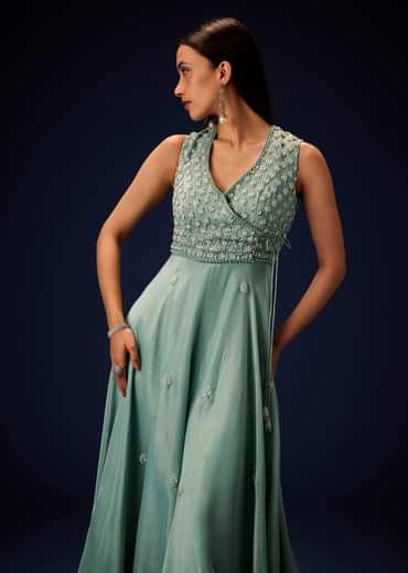 Azure Blue Hand Embroided Double Layer Organza Frill Jumpsuit