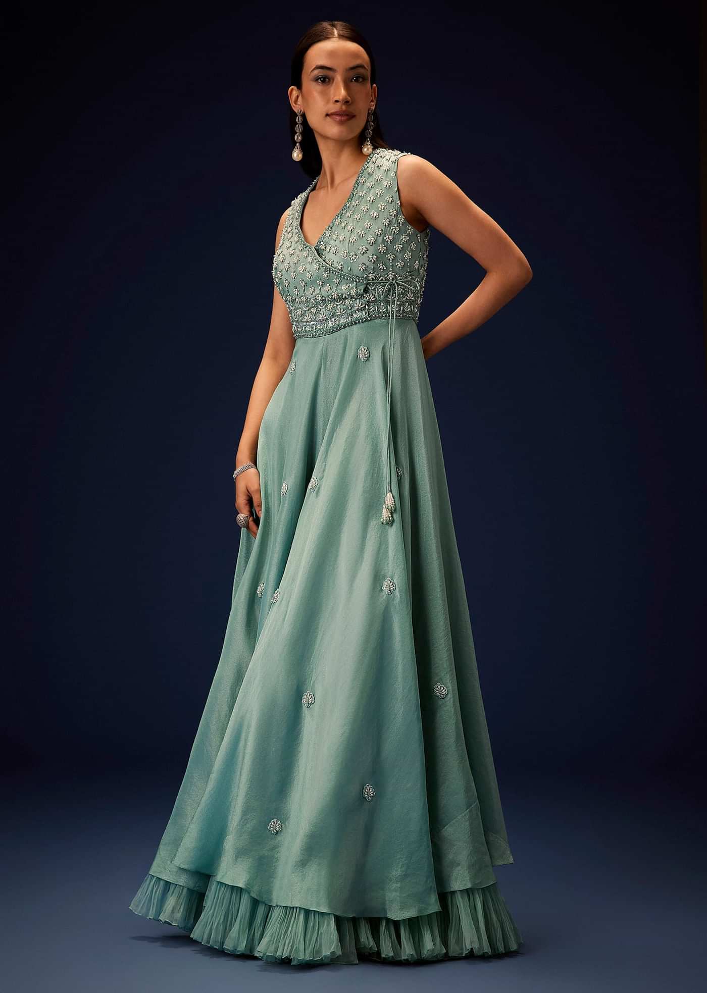 Azure Blue Hand Embroided Double Layer Organza Frill Jumpsuit