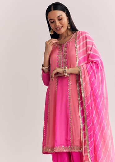 Pink Georgette Kurta Dhoti Suit With Gotta Lace And Moti Work