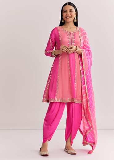 Pink Georgette Kurta Dhoti Suit With Gotta Lace And Moti Work