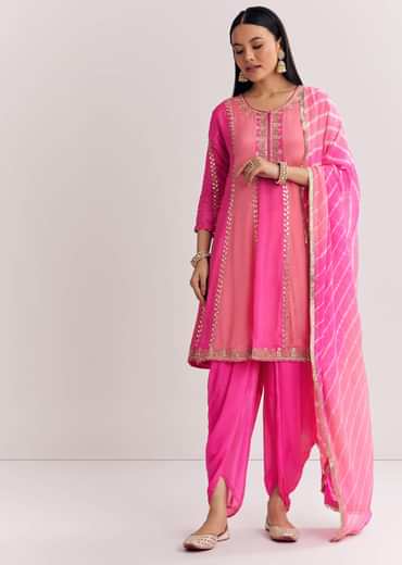 Pink Georgette Kurta Dhoti Suit With Gotta Lace And Moti Work