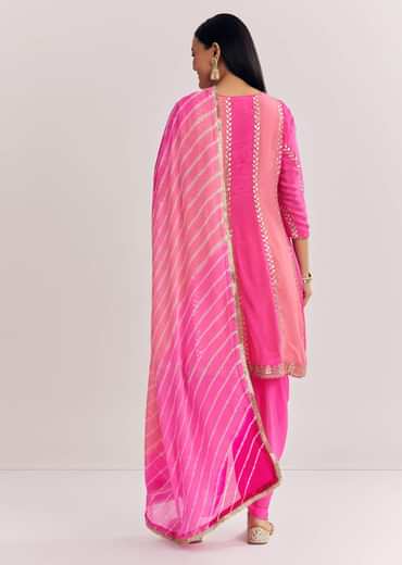 Pink Georgette Kurta Dhoti Suit With Gotta Lace And Moti Work