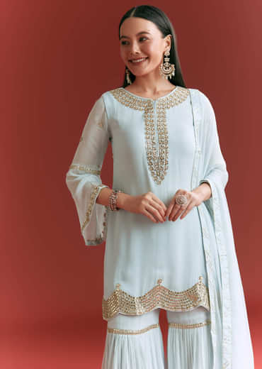 Baby Blue Georgette Kurta Sharara Suit With Gotta Lace And Moti Work