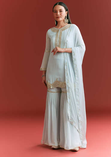 Baby Blue Georgette Kurta Sharara Suit With Gotta Lace And Moti Work