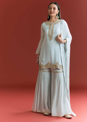 Baby Blue Georgette Kurta Sharara Suit With Gotta Lace And Moti Work