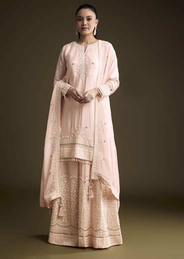 Baby Pink Chinon Palazzo Suit With Thread And Sequins Work