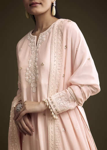Baby Pink Chinon Palazzo Suit With Thread And Sequins Work
