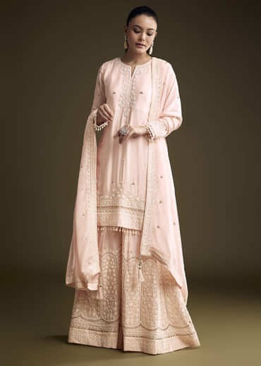 Baby Pink Chinon Palazzo Suit With Thread And Sequins Work