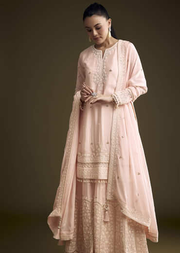 Baby Pink Chinon Palazzo Suit With Thread And Sequins Work